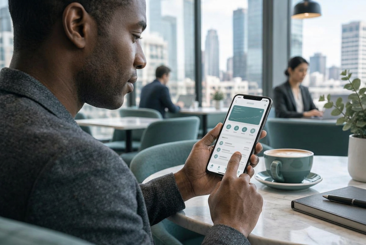 Customer using mobile banking in a city café