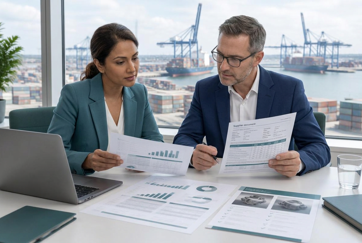 Procurement professionals comparing supplier evidence with a cargo port in the background