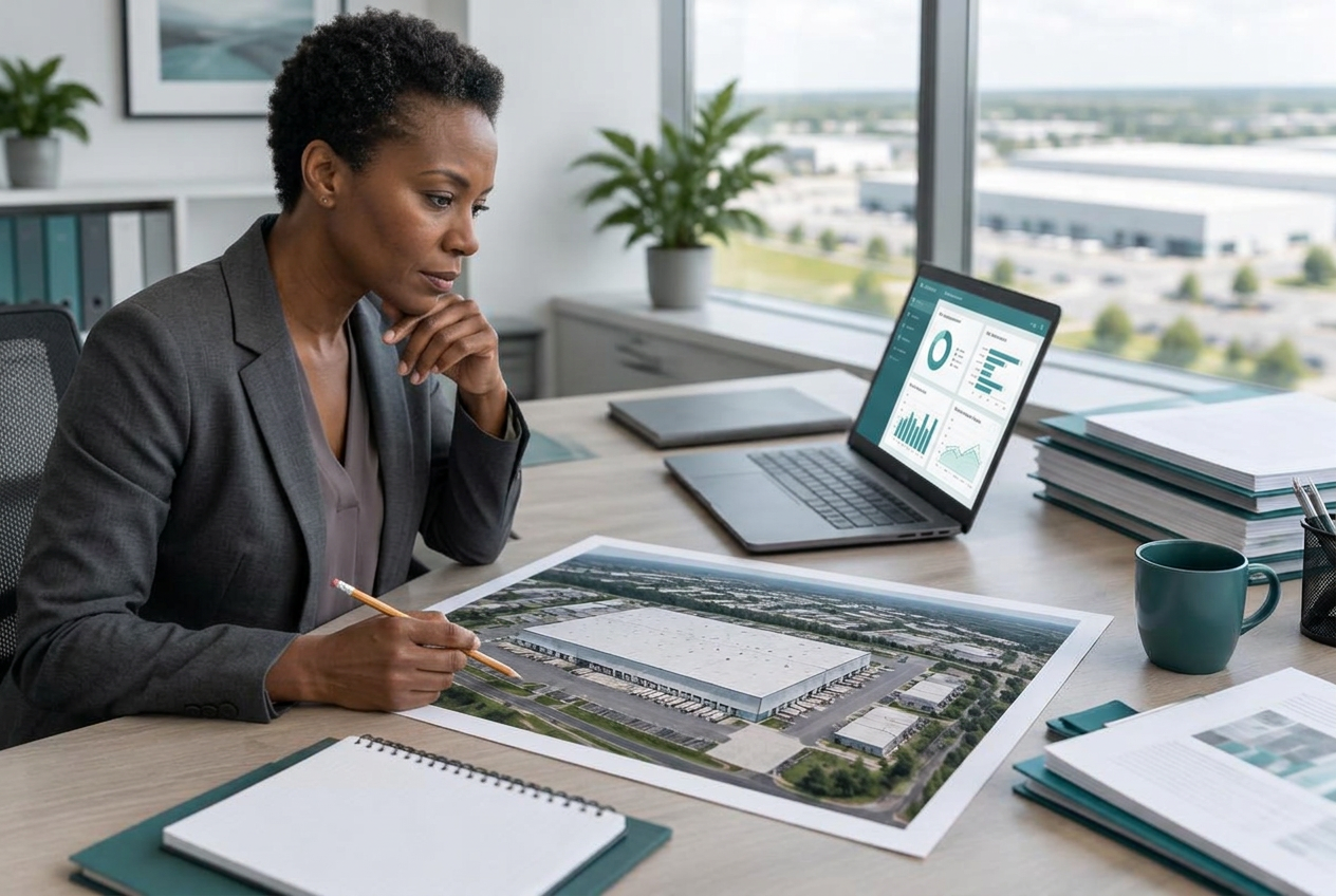 Underwriter assessing a commercial property with risk documents and a digital dashboard